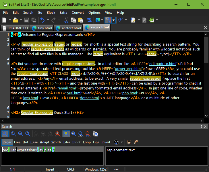 Searching Using Regular Expressions with EditPad Lite